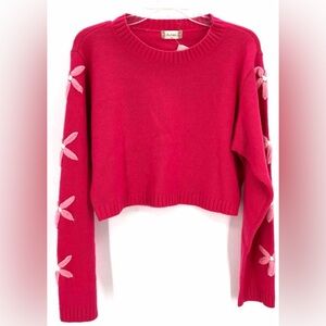 Altard State Womens Fuchsia Crew Neck pullover sweater with floral stitching